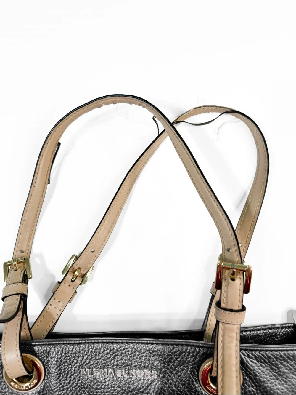 Michael Kors Black Leather Shoulder Bag with Beige Handles